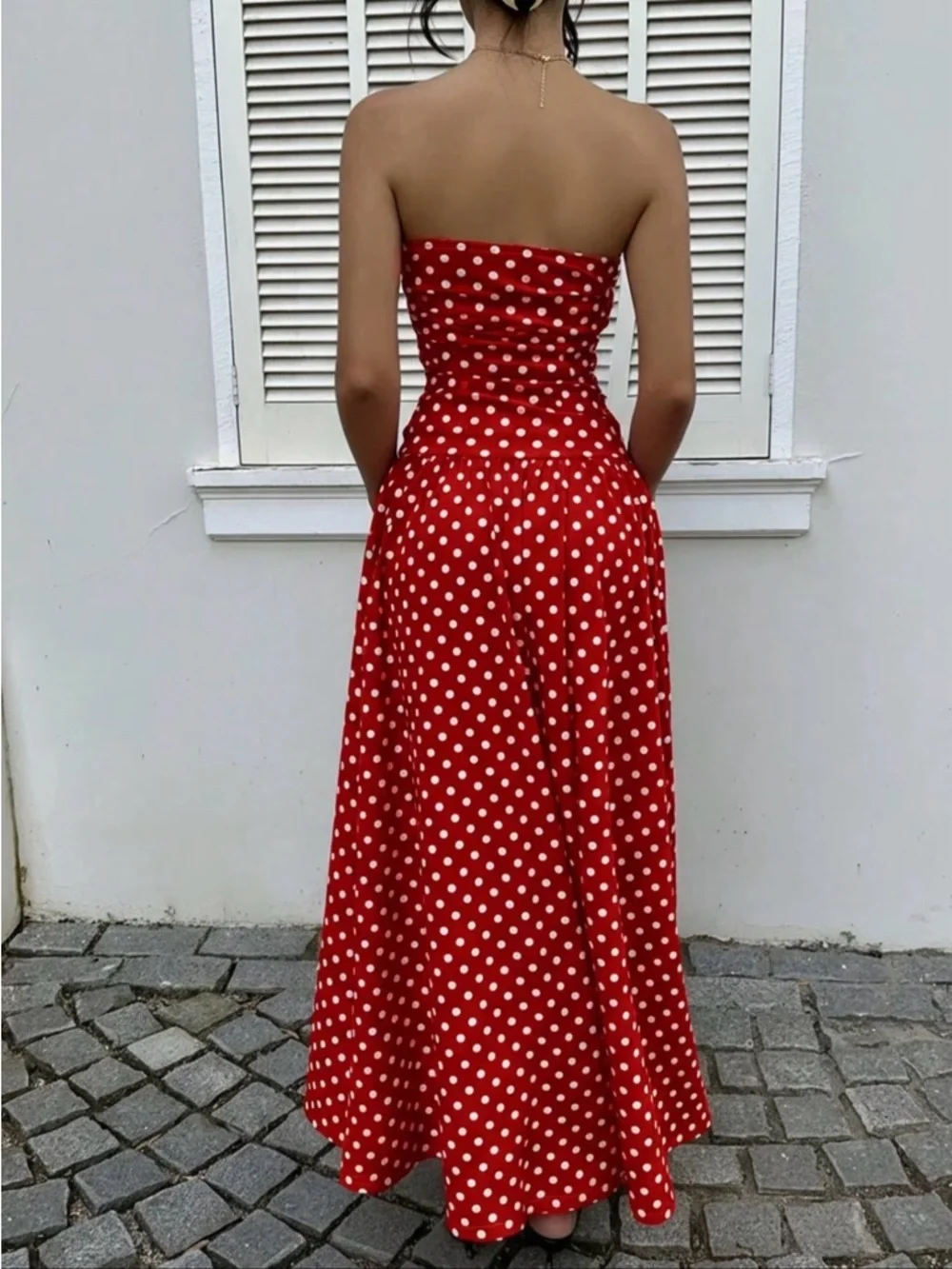 Chic Strapless Red Polka Dot Summer Dress New Boutique - Picture 4 of 7